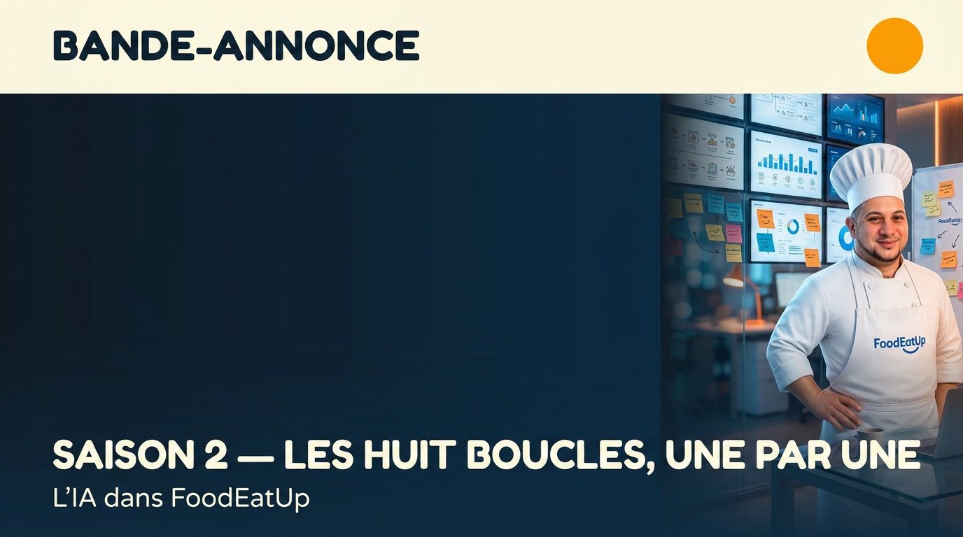 Affiche du teasing — L'IA dans FoodEatUp · Saison 2 — Les huit boucles, une par une