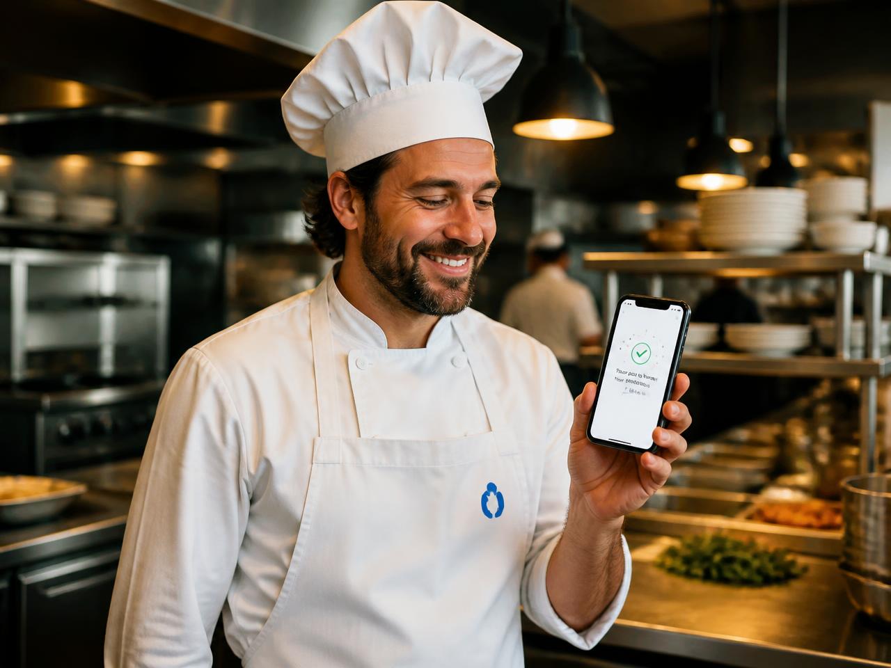 Le chef FoodEatUp en cuisine, une notification de publication sur son téléphone