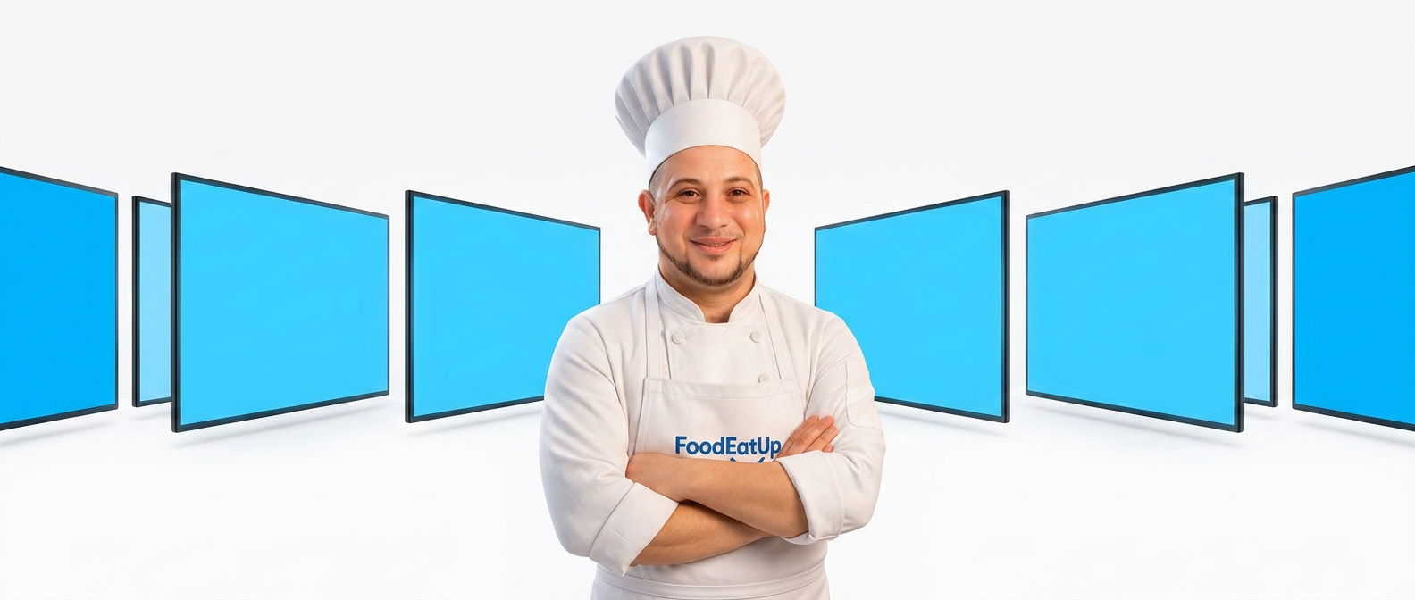 Le chef FoodEatUp, bras croisés, entouré d'écrans allumés aux couleurs de RapidoCMS